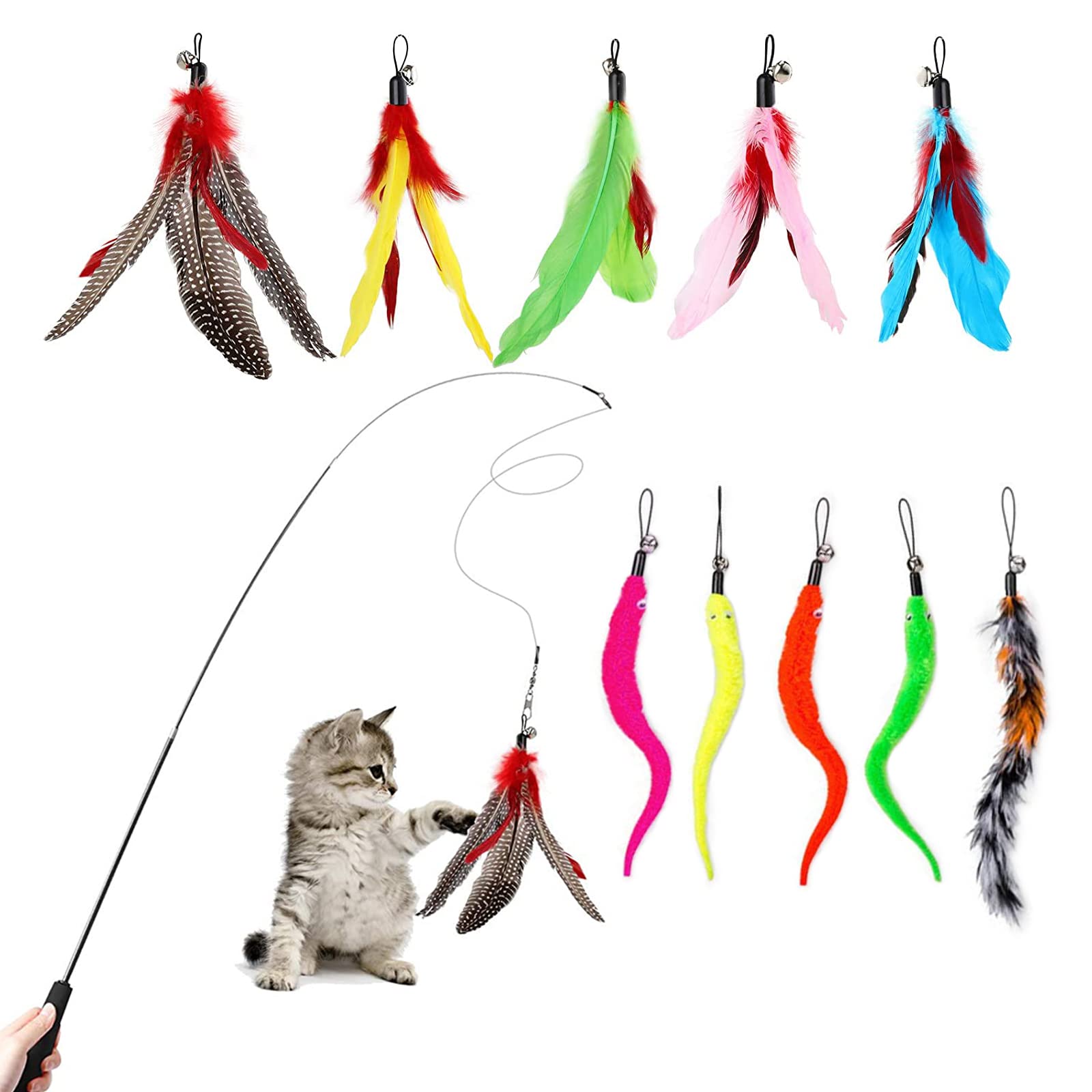 YAUYAP Interactive Feather Cat Toys, Retractable Cat Wand, Set of 11