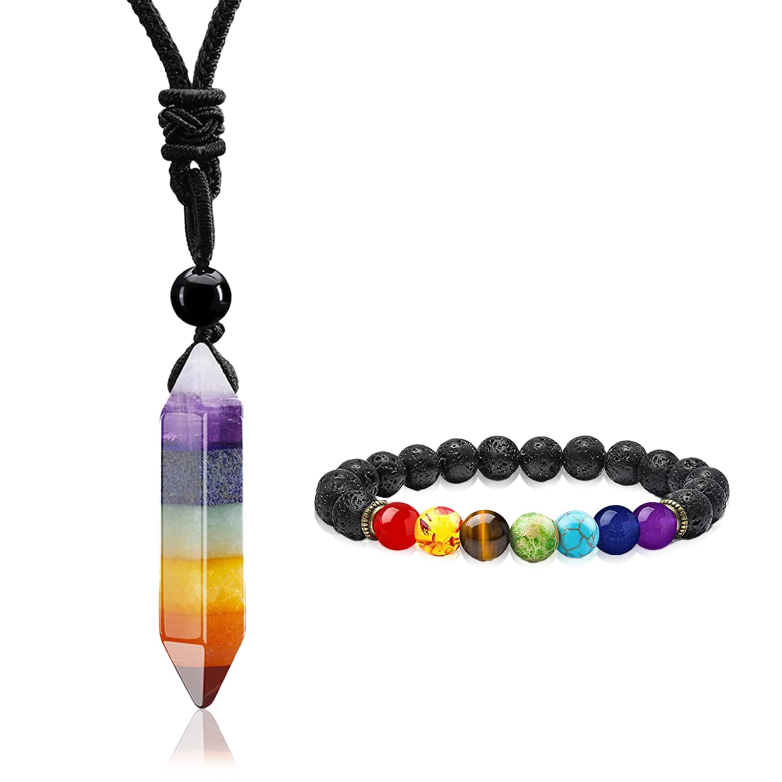 Nupuyai Collana vintage con ciondolo a forma di punto di cristallo dei 7 chakra, per uomo e donna, pendolo esagonale, pietra curativa Reiki, con catena, 3.66 - 3.78, Pietra Metallo Plastica