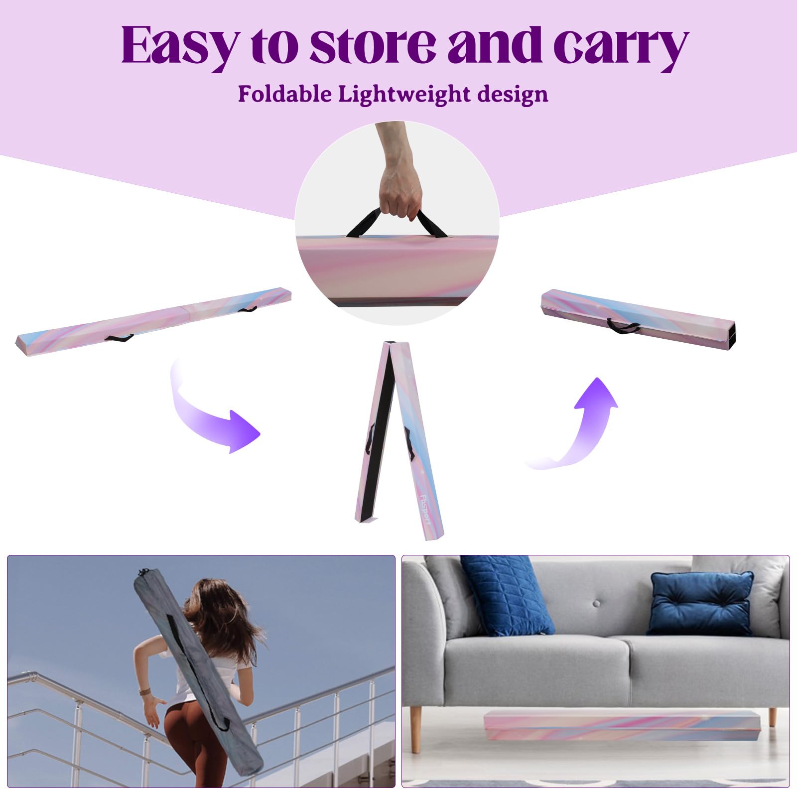 Barra Equilibrio Gimnasia artistica 240/270/300 cm Cuero PU Barra de Equilibrio Gimnasia artistica Plegable Base de Goma Antideslizante para niños, Vigas de Gimnasia para Entrenamiento