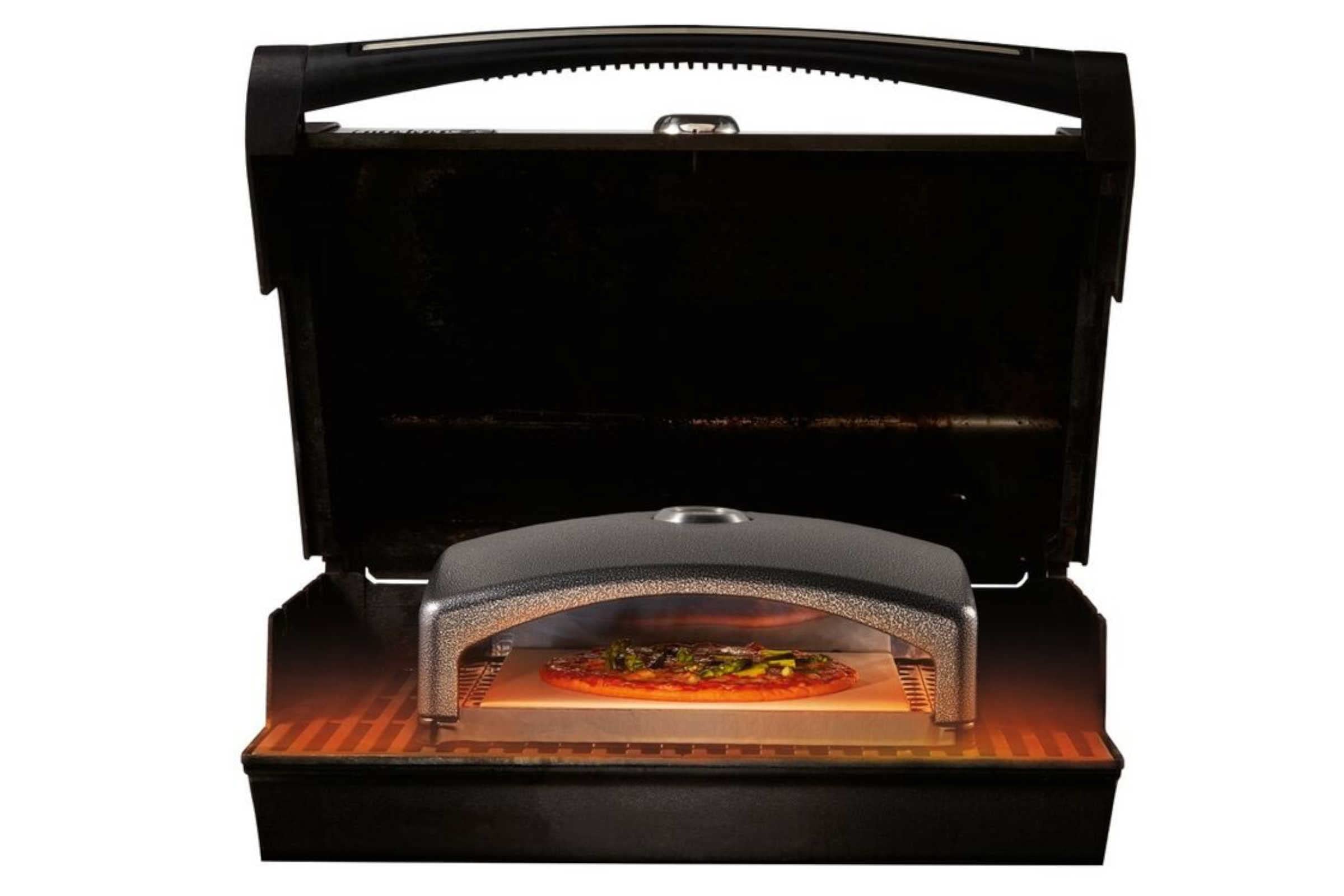 OWIM Pizzaofen Grillaufsatz - Cordierit Pizzastein - Schwarz - Ideal für Pizzas, Flammkuchen & Baguettes - Gas- & Holzkohlegrillgeeignet - Integriertes Thermostat