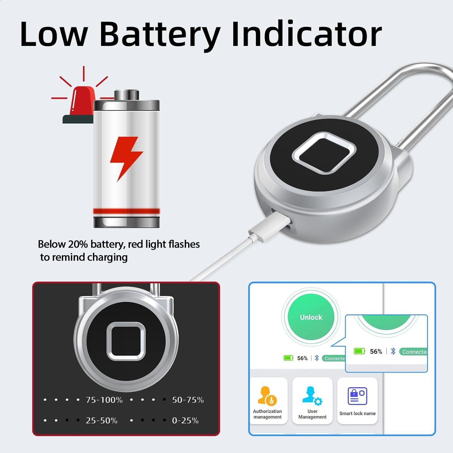 eLinkSmart Fingerprint Padlock connected to a USB charger, showing low battery indicator