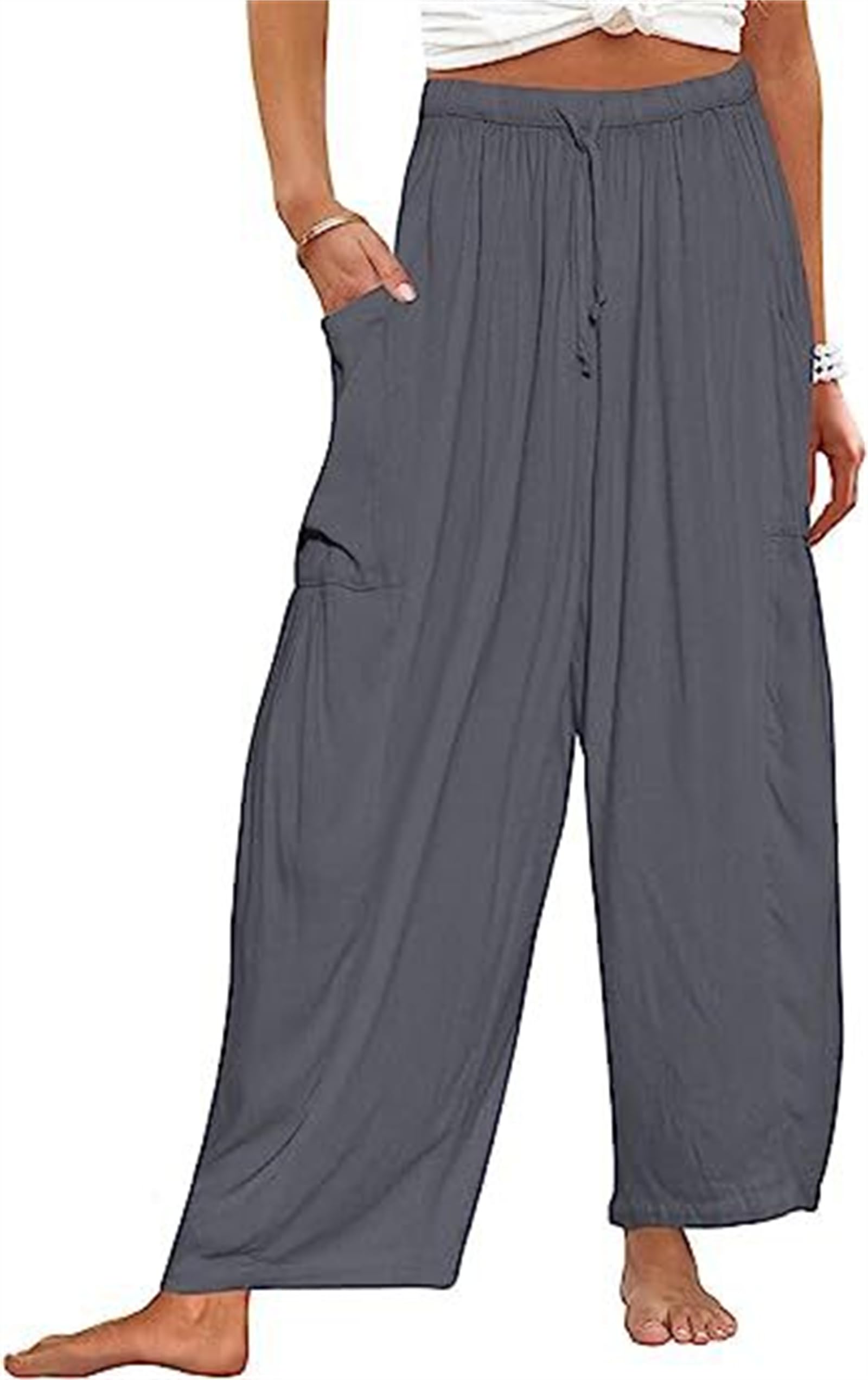 Pantalones Palazzo Anchos de Lino para Mujer, Estilo Casual, Holgados, con cordón Ajustable, Ideales para la Playa y el Verano