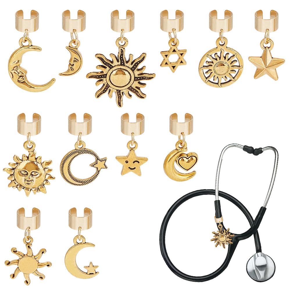 OLYCRAFT 12Pcs Moon Sun Stethoscope Charms 12~28mm Star Stethoscopes Tag Alloy Pendant ID Name Tag Charm Stethoscope Charms Stethoscopes Accessories for Doctor Nurse Medical Assistant