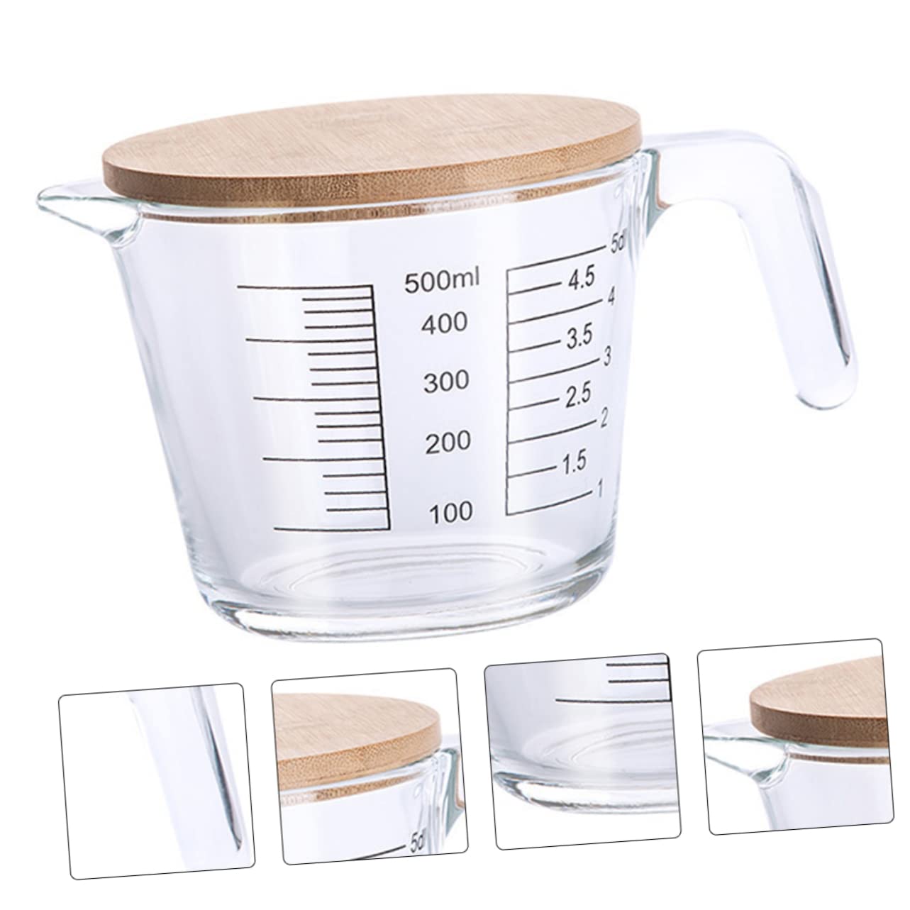 Hemobllo Pichet Doseur Pratique en Verre Résistant la Chaleur avec Échelle Graduée et Couvercle en Bois, Tasse à Mesurer pour Jus et Crème Cuisine