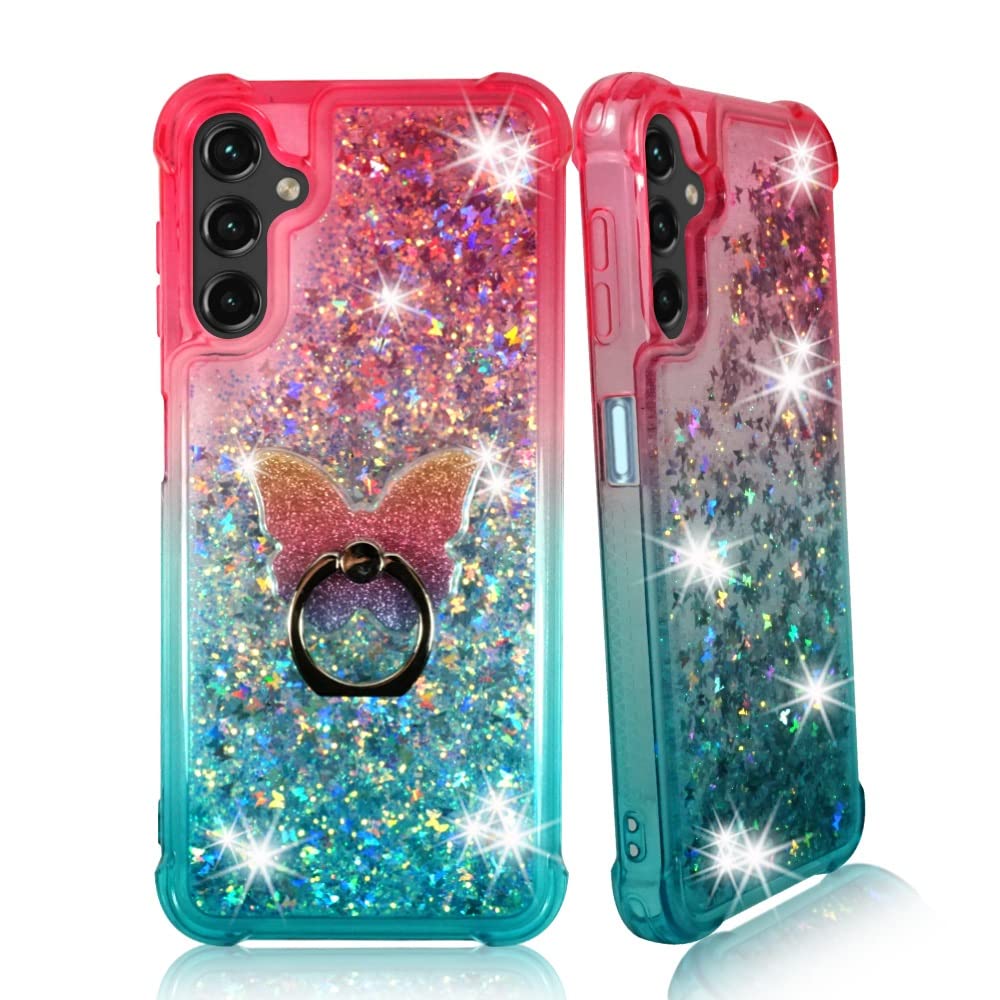 Zase Samsung A14 5G Clear Phone Case Liquid Glitter Sparkly Cute Floating 3D Butterflies Bling Design for Galaxy A14 Shockproof Waterfall Quicksand w/Phone Ring Holder (Gradient Pink Aqua)