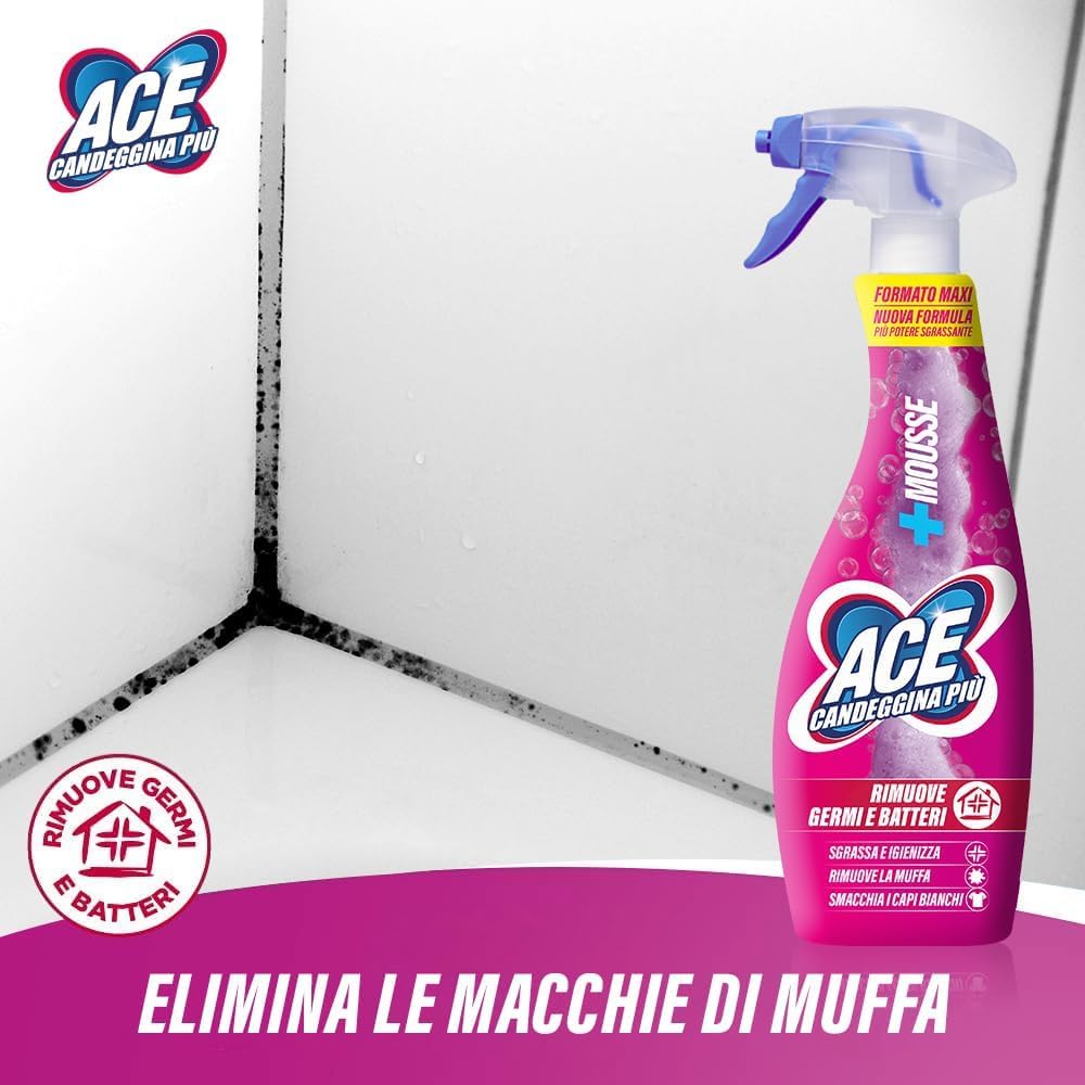 10x ACE Candeggina +Mousse, sgrassa le superfici della casa e le macchie più ostinate del bucato,Flacone Spray da 700ml + Portachiavi Beni Culinari in Omaggio