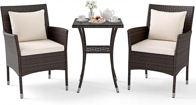 LIFEZEAL 2 x PE Rattan Garden Chairs with Square Tempered Glass Table Living Room with Removable Cushion Garden Furniture Set for Outdoor Armchair Pool Yard Load 180kg Beige2