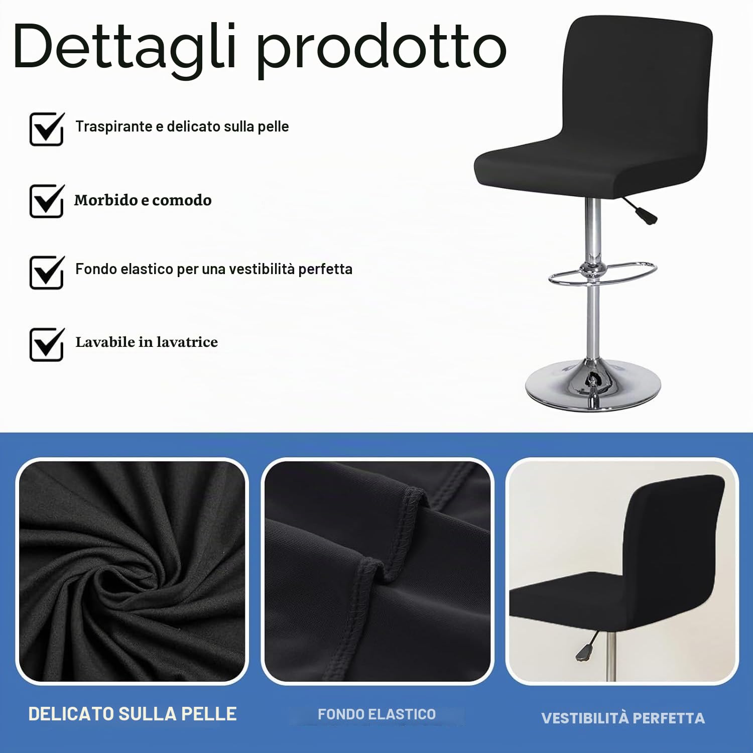 Copri Sgabello Da Bar Con Schienale, Coprisedili Per Sgabelli Da Bar Con Rivestimento, Fodera Per Sgabello Da Bar Rimovibile e Lavabile, Disegno Elastico (nero) (cielo blu)