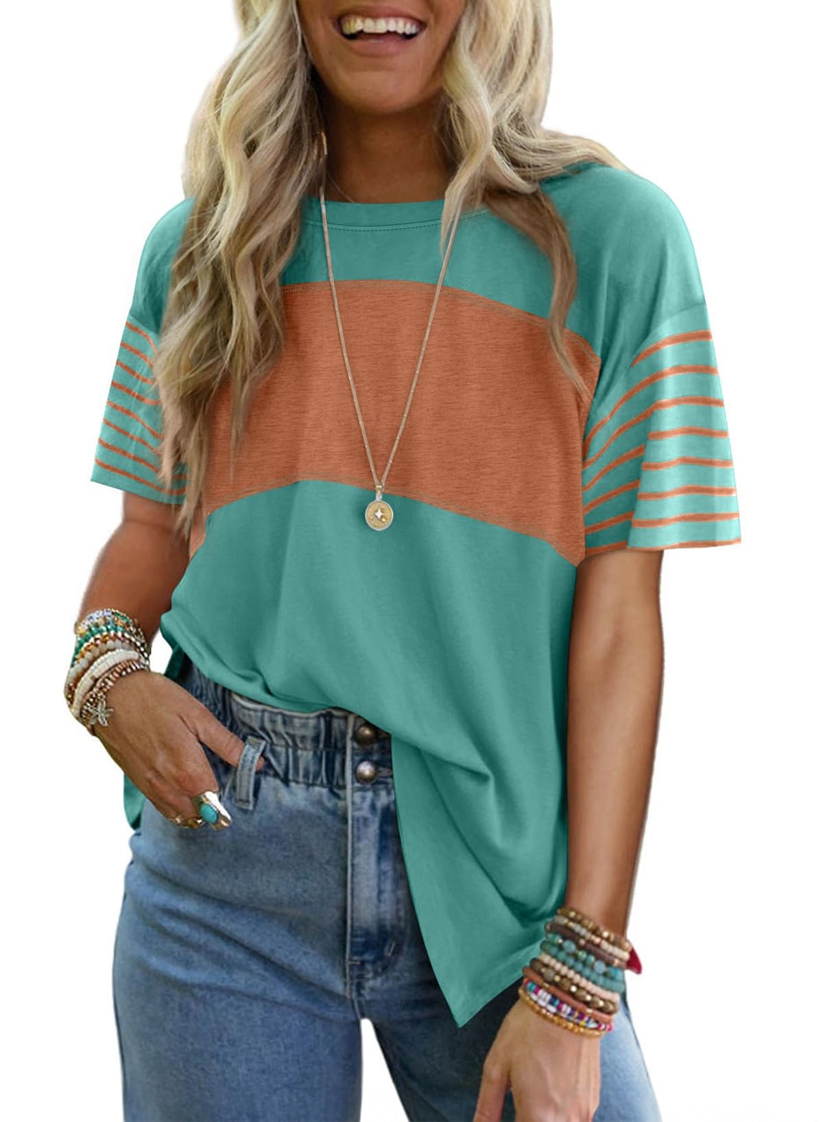 Dokotoo Summer Tops Trendy Oversized 2025 Crewneck Casual Color Block Striped Womens Shirts Blouses
