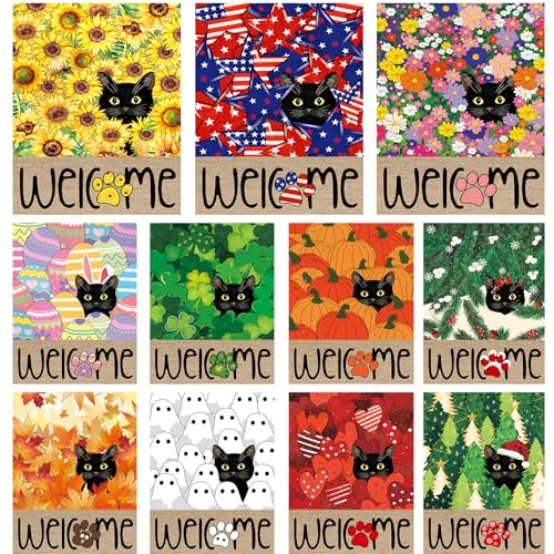Seasonal Garden Flags Set of 11 Double Sided 12 x 18 Inch Black Cat Yard Flags Small Flags for Outside Spring Summer 4th of July Outdoor Flags Welcome Holiday Garden Flags for All Seasons