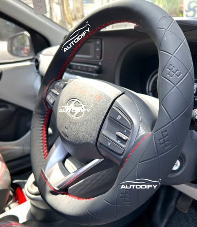 Image of Black with Red Stitch Leather Steering Wheel Cover Universal Fit, Anti-Slip, Breathable, Comfortable Grip, Durable & Stylish for Cars Easy Install Long Lasting ProtectionNon SlipDesign.