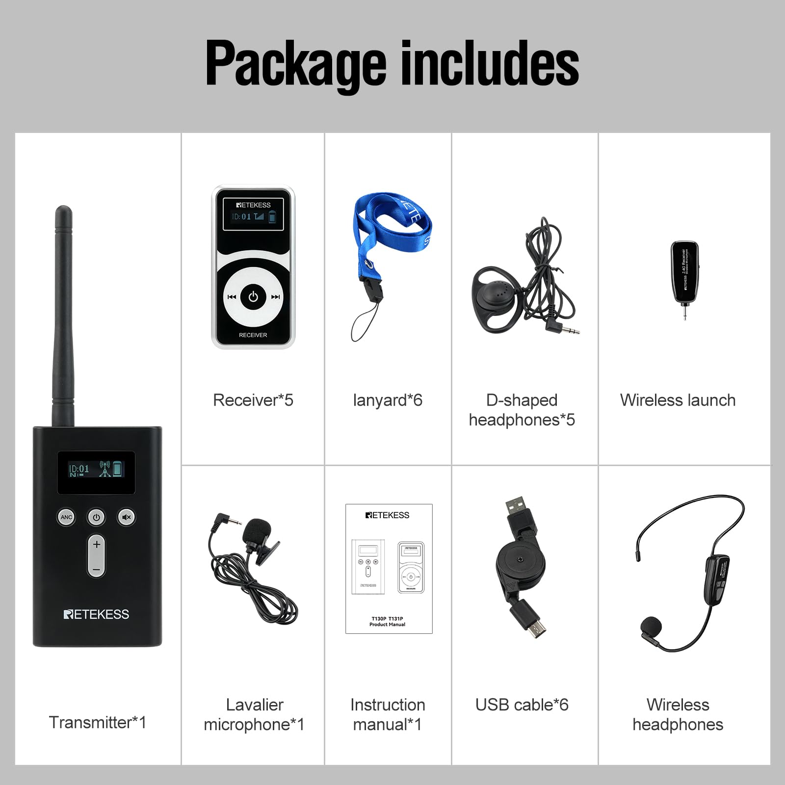 Retekess T130P - Sistema di guida turistica wireless, sistema di ascolto assistivo, T130 di terza generazione, riduzione del rumore graduata, attrezzatura di traduzione da 160 m per chiesa, tribunale
