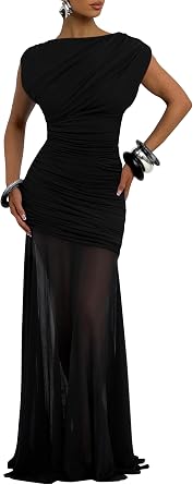YMDUCH Womens Elegant Sleeveless Ruched Bodycon Mesh Sheer Long Formal Evening Party Dress