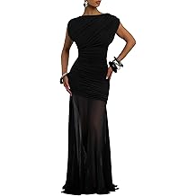 YMDUCH Womens Elegant Sleeveless Ruched Bodycon Mesh Sheer Long Formal Evening Party Dress