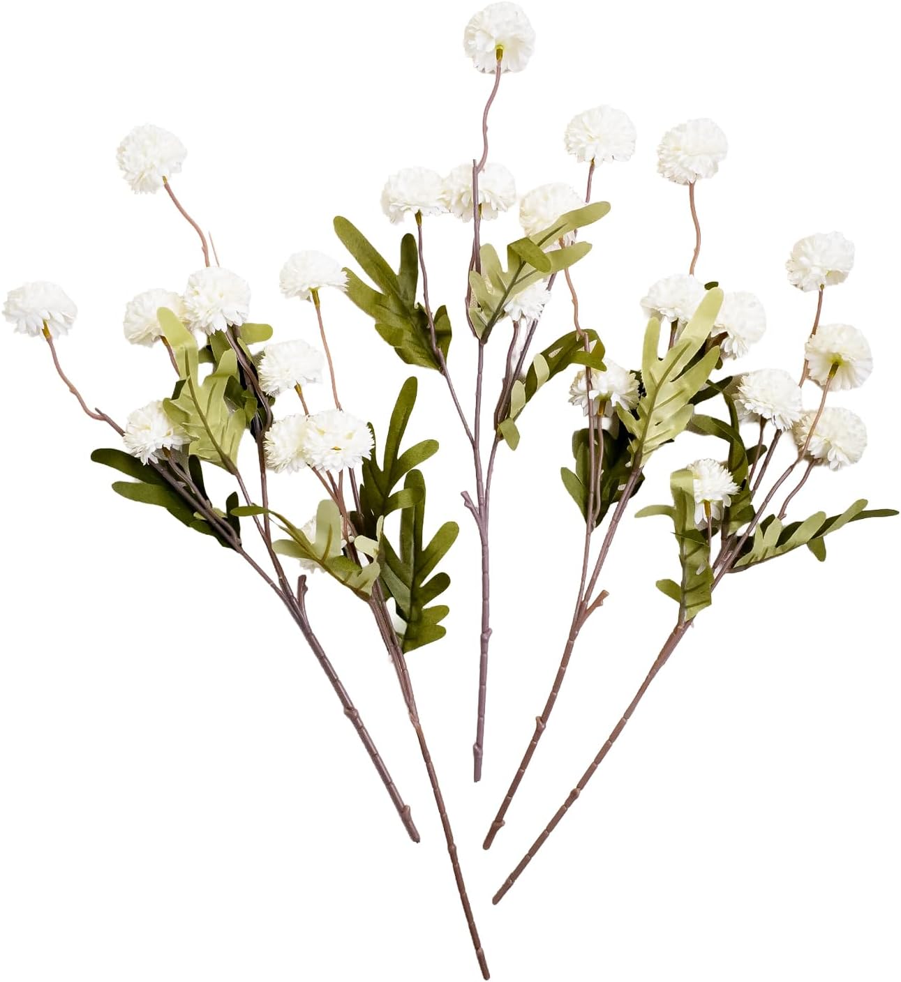 Pompon Mum Artificial Flowers 5pcs, Faux Silk Mini Chrysanthemum Ball with Stems, 25 Heads 18" Bulk Fake Wedding Filler Flowers for DIY Bouquet Centerpieces Arrangements Vase Decor - White