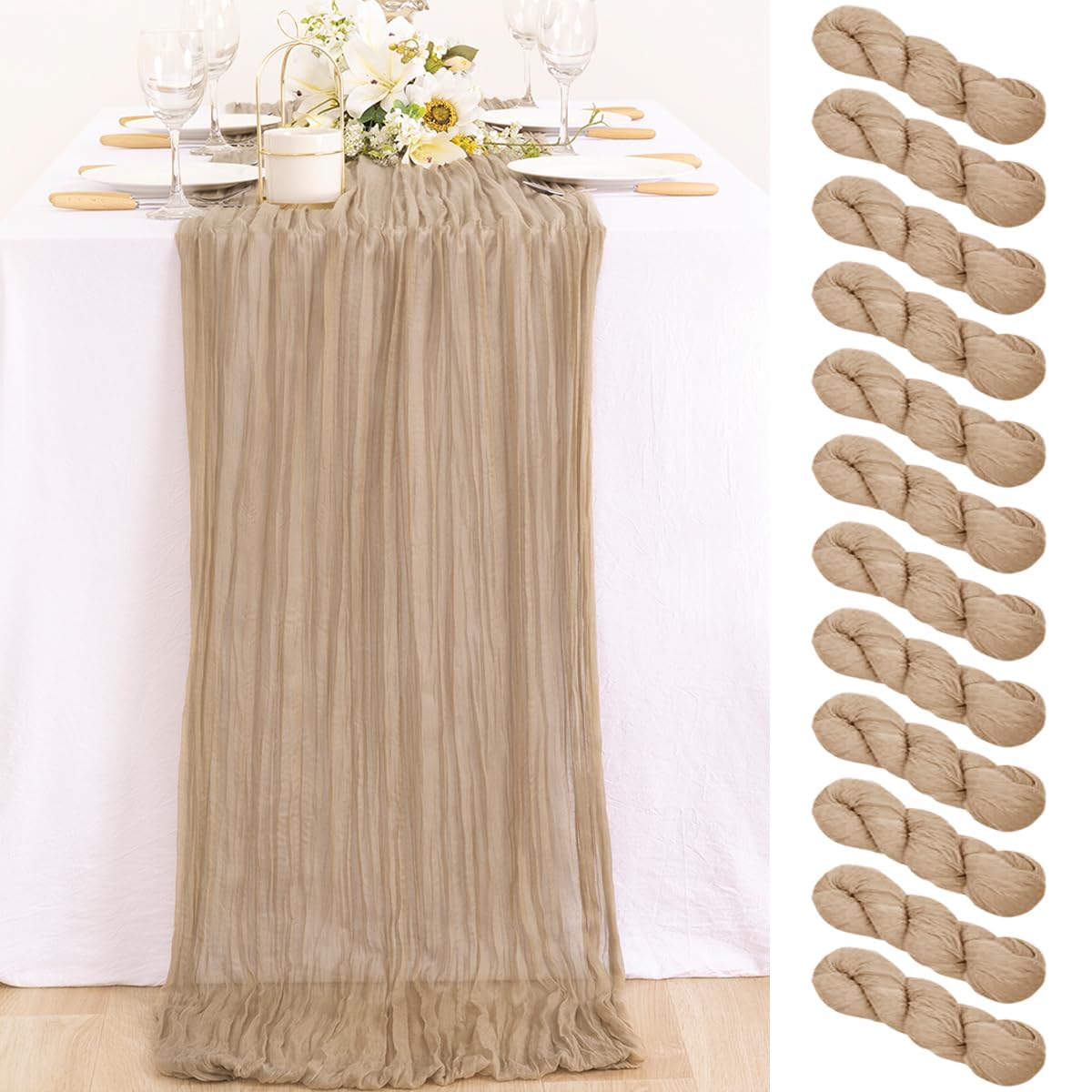 MLMC Seihtuch-Tischläufer, Boho, rustikal, Gaze, Taupe, Käsetuch, neutrale Dekoration, 89 x 305 cm, für Empfang, Hochzeit, Brautparty, Party, Dekoration, 12 Stück