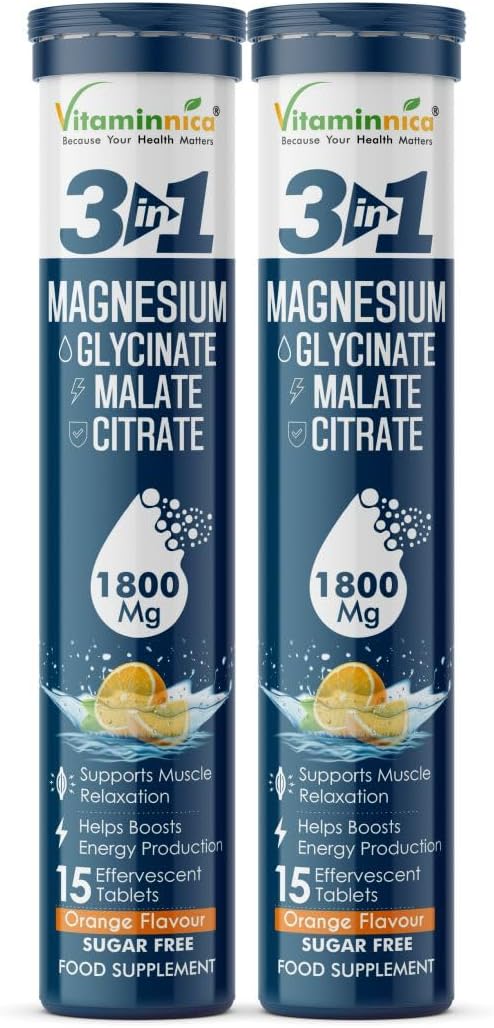 Vitaminnica Magnesium 3-in-1 Effervescent- 15 Tablets – High Absorption Magnesium Malate, Citrate & Glycinate – Energy, Muscle Function & Relaxation – Sugar-Free (Pack of 2, Orange)