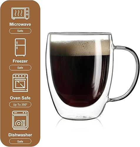 Miniatura 5 de Aurzen Paquete de 2 tazas de café de vidrio de doble pared con asas, tazas de café de gran capa aislada, tazas de borosilicato transparente,