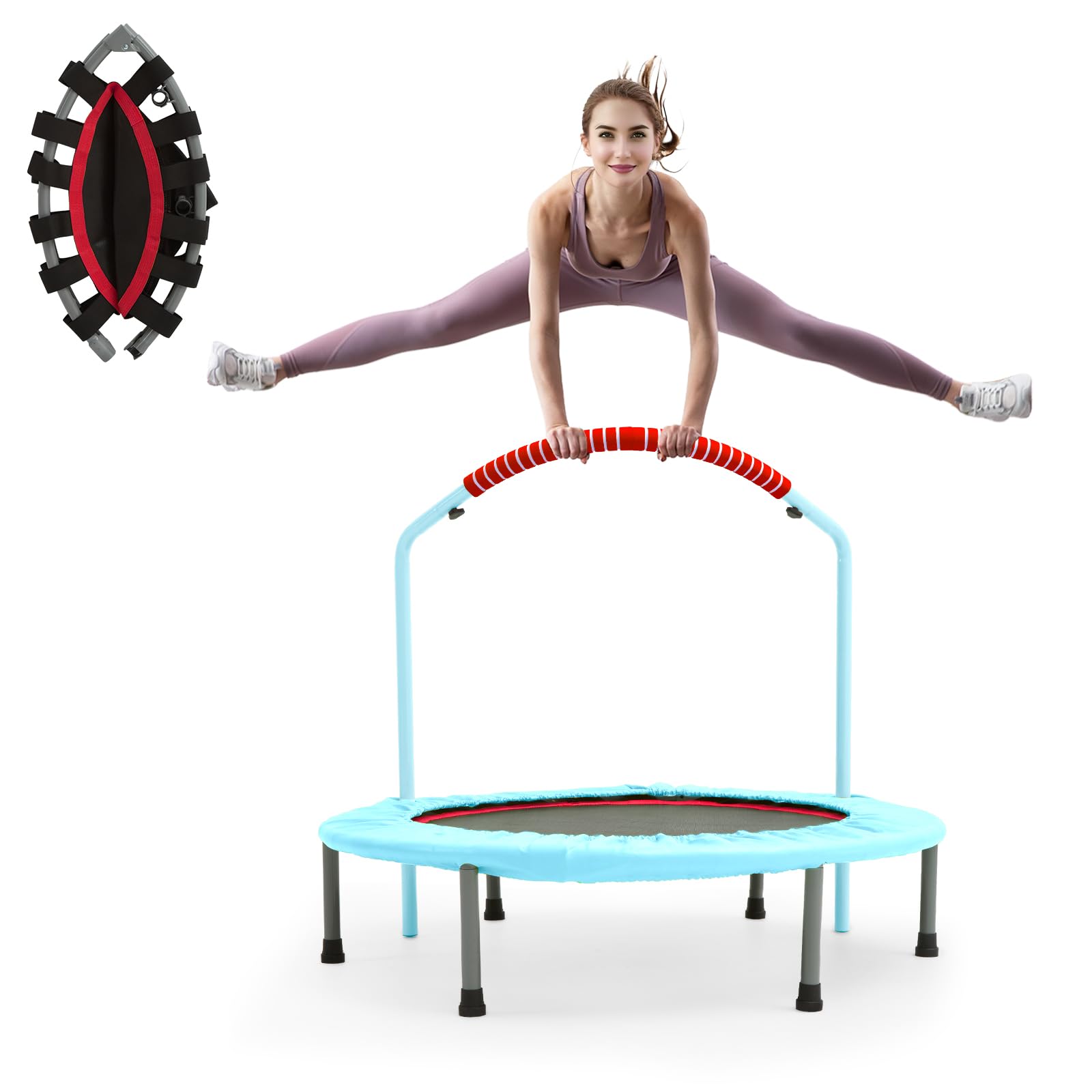 LN COZY CORNER Foldable Fitness Trampoline, Max 485lbs(220kg), Rebounder Exercise Trampolines with Adjustable Handrail, Indoor/Outdoor Mini Trampoline for Home Workout (Blue, 38 inch)