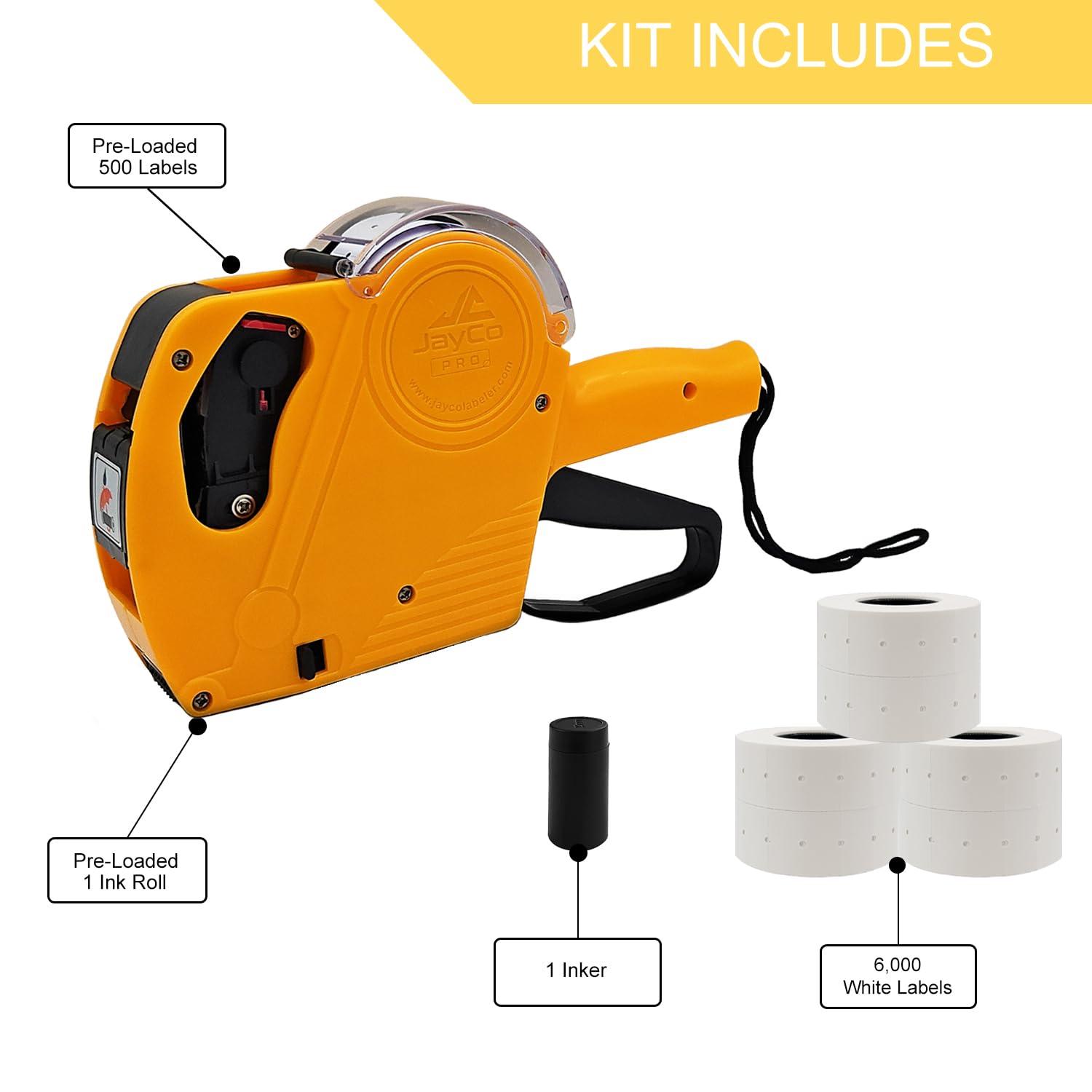 JayCo Pro 1 ligne 8 chiffres Kit pistolet d'étiquettes de prix – Comprend 6 500 étiquettes vierges blanches et 1 encreur pré-chargé avec 1 recharge d'encre – pour épicerie, magasin de détail, vente de
