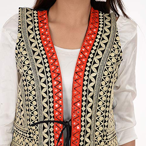 Image of Craft Trade Women's Cotton Embroidered Kutchi Jacket with Tassels Sleeveless Mirror Work