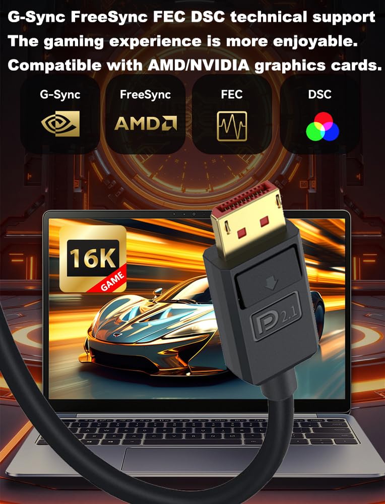 Câble DisplayPort 2.1 52 Gbit/s 1,8 m, 16K @ 30 Hz/8K @ 120 Hz/4K @ 240 Hz 165 Hz 144 Hz, 3D, HDR dynamique, Dolby eARC, angle supérieur DP mâle pour moniteur de jeu FreeSync G-Sync, PS5/4