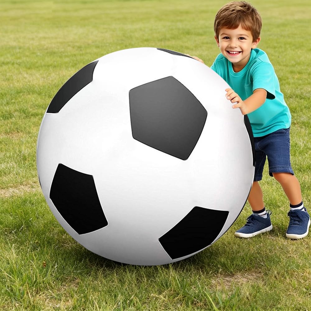 Fußball Ø 100 cm Groß, Aufblasbarer Riesen-Ball aus robustem Gummi, Aufblasbar mit Handpumpe, Geeignet zum Treten, Werfen und Rollen, Schwarz Weiß Indoor & Outdoor