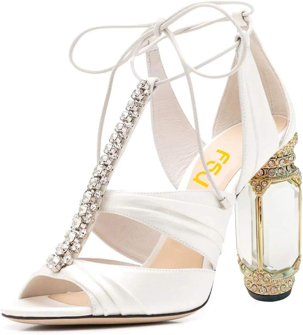 FSJ Women Open Toe Stylish Sandals Ankle Strap Chunky Block High Thick Heels Wedding Party Ballroom Shoes Size 4-15 US