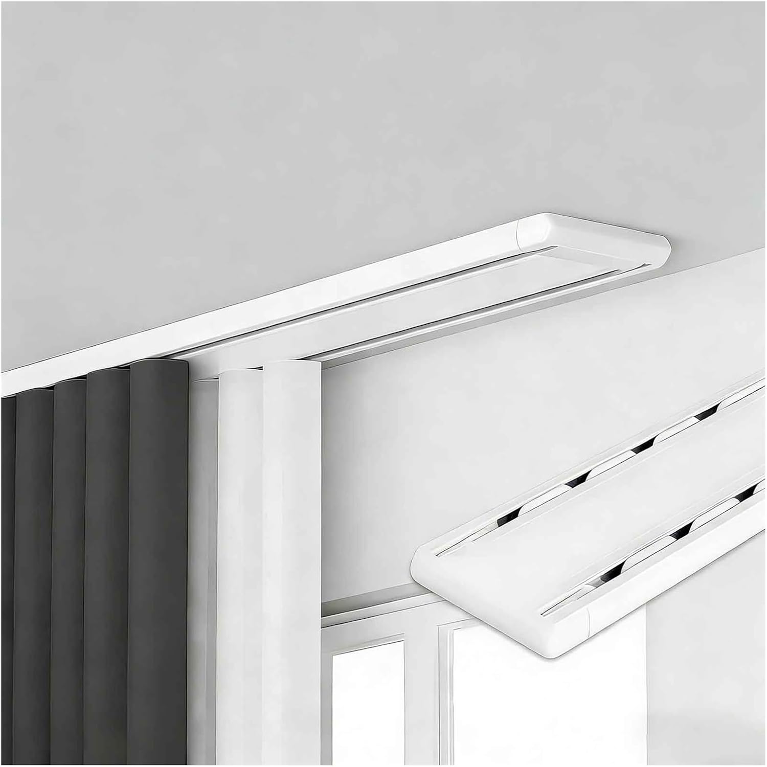 Double Track Curtain Rail System, Rails Ceiling Mount Sliding Curtains Tracks Hidden Curtain Track(White,240cm/7.9FT)