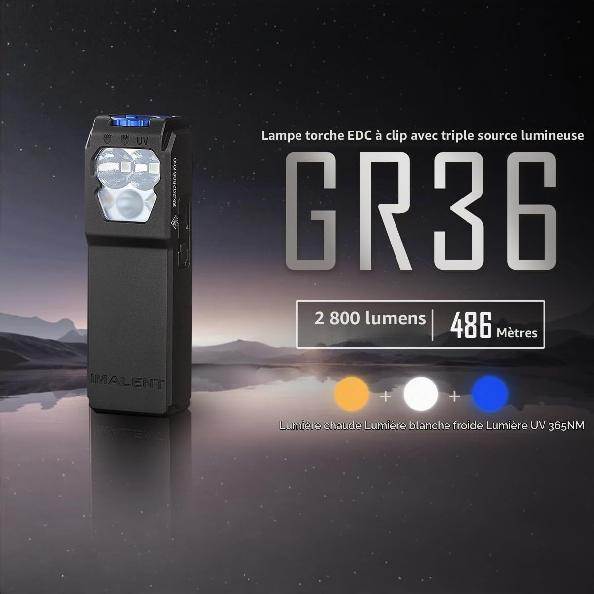 IMALENT GR36 Lampe torche EDC la plus lumineuse 2800 lumens avec clip, USB-C rechargeable, 3-en-1 UV + Blanc froid + Blanc chaud, 486m portée, queue magnétique, pour camping, randonnée