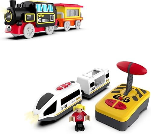 Juego de tren de locomotora a pilas para pista de madera, vehículos magnéticos de control remoto eléctrico de juguete con potente luz y sonidos del