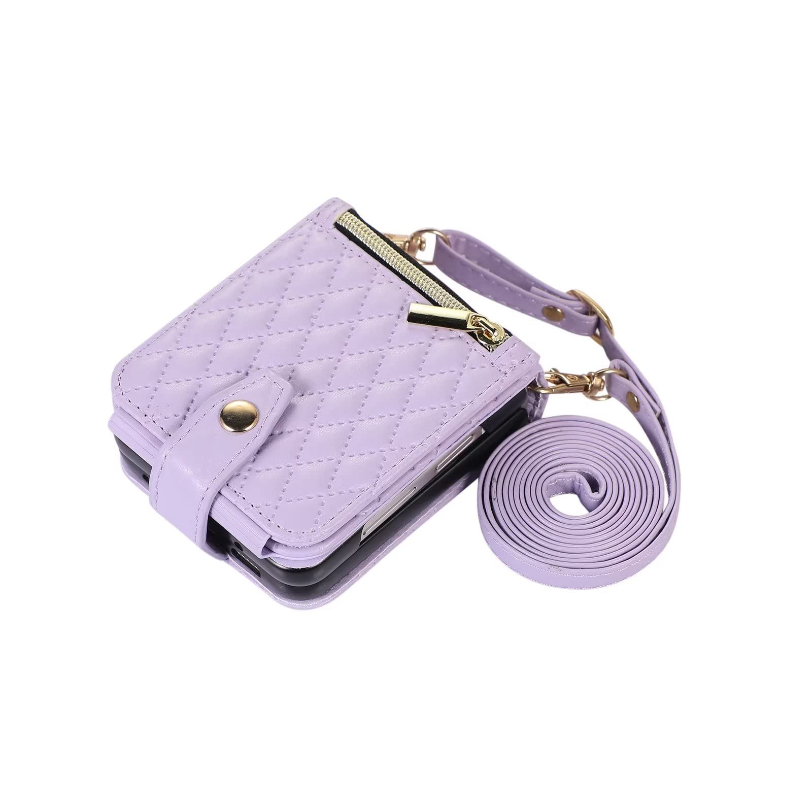 XIMAND For Samsung Galaxy Z Flip 3 5G Phone Case, Luxury Shockproof PU Leather, Zipper Slot Card Wallet Case, Fashion Crossbody Gift for Women Ladys (Purple)
