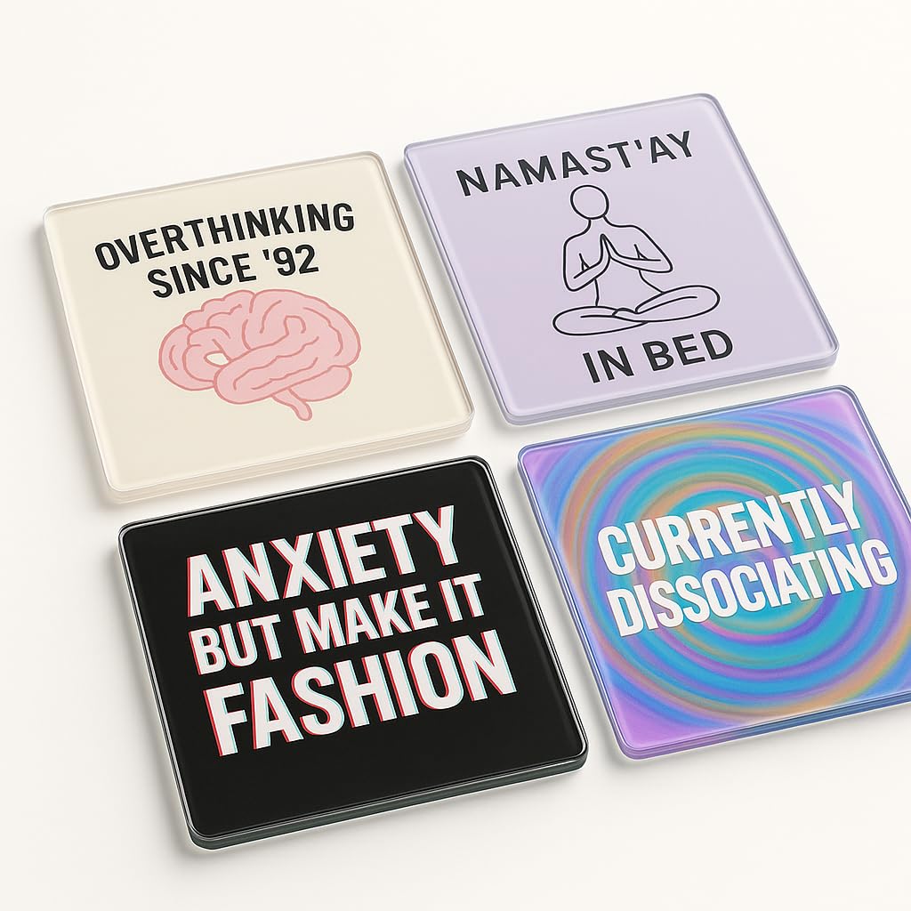 The Plum Penguin Quirky Mindset Set Acrylic Coaster Set Of 4 With Quirky Mindset Designs - Humorous Mental Health Awareness Gift For Home Decor & Millennials