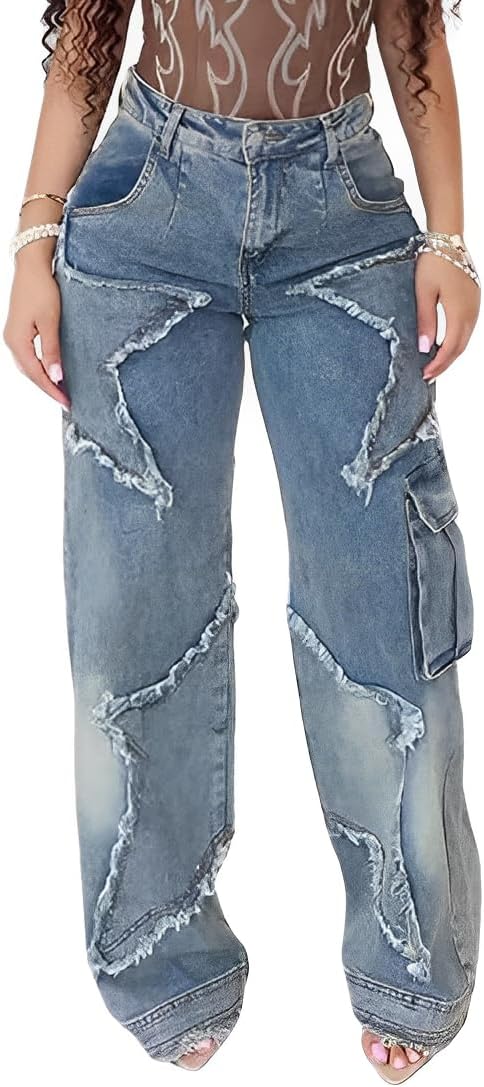 Women's Y2K Baggy Cargo Jeans High Waisted Ripped Star Tassel Fringe Denim Pants Flap Pocket Stretch Streetwear