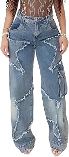 Women's Baggy Wide Leg Cargo Jeans High Waist Star Tassel Fringe Ripped Cowboy Denim Pants