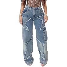 Womens Y2K Baggy Cargo Jeans High Waisted Ripped Star Tassel Fringe Denim Pants Flap Pocket Stretch Streetwear