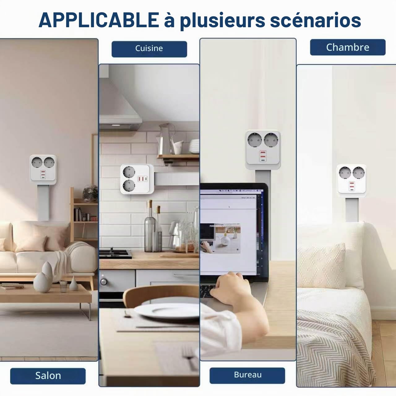 Multiprise Murale Extensible 56-86 cm, Adaptateur Prise 5 en 1 avec USB-C & 2 Prises AC, Tête Rotative 180°, Rallonge Prise Murale Plate pour Canapé, Lit, Bureau - Blanc