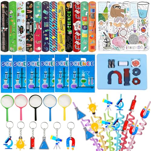 QZYCMHOO 111PCS Science Party Favors Set Lab Birthday Decorations Including Slap Bracelets Keychains Gift Bags DIY Stickers Drinking Straws Science Birthday Supplies