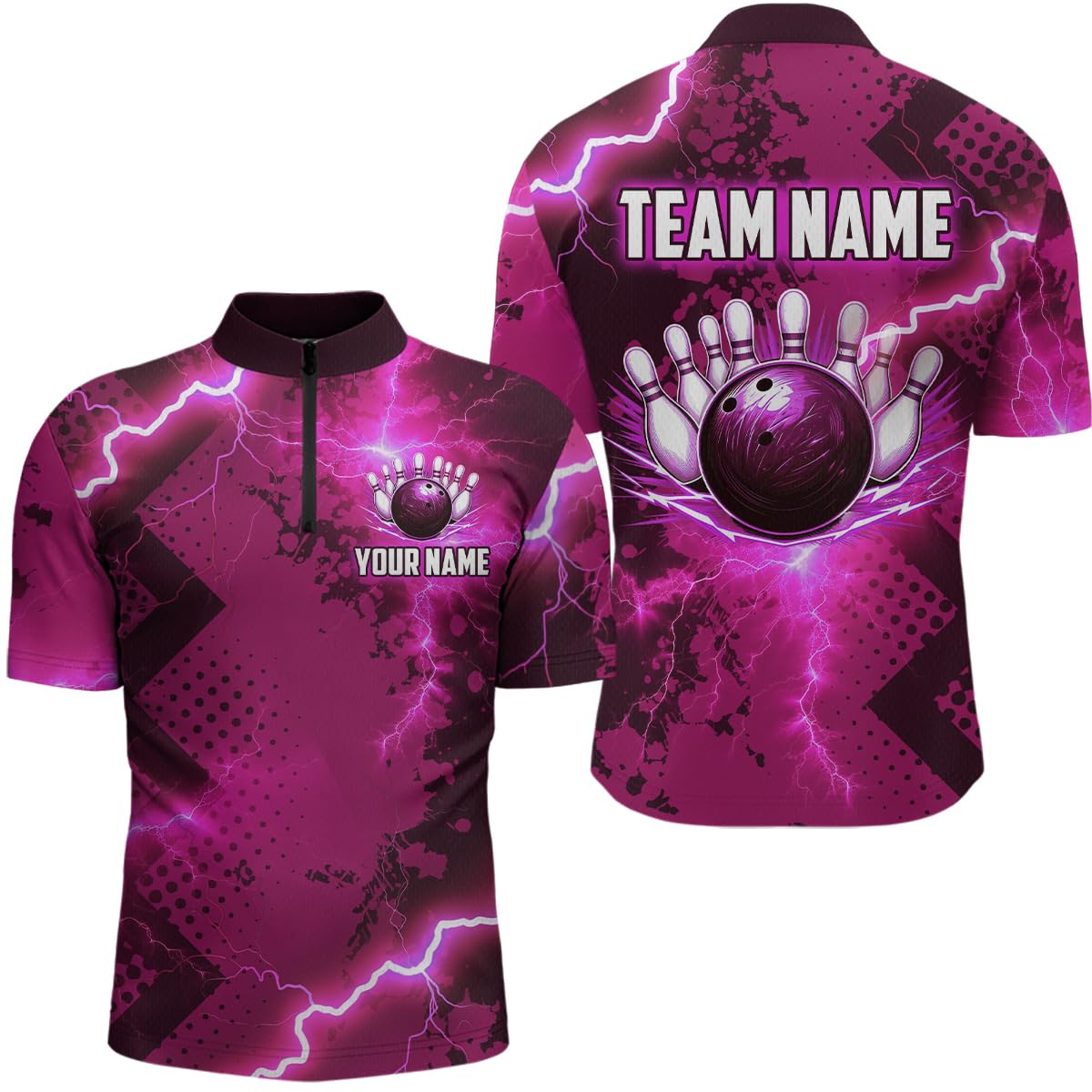 PIONAMZIOZ Thunder Lightning Bowling Shirt Custom Bowling Jersey Men Women's Bowling Polo Shirt Team Bowling 1/4 Zip Shirts (US, Alpha, Small, 5X-Large, Regular, Regular, Pink)