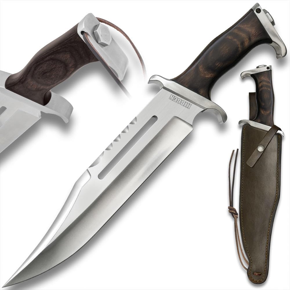 Full Size Hibben III Bowie Knife | 1988 Rambo Reproduction | Leather Sheath Included | 7Cr13 Stainless Steel Blade | Wooden Handle | Overall Length 17.75"