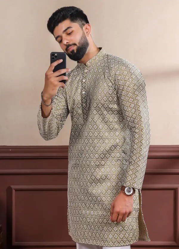 Image of LookMark Men's Printed Silk Blend Kurta with Mandarin Collar, Full Sleeves, Straight Fit Traditional Ethnic Wear