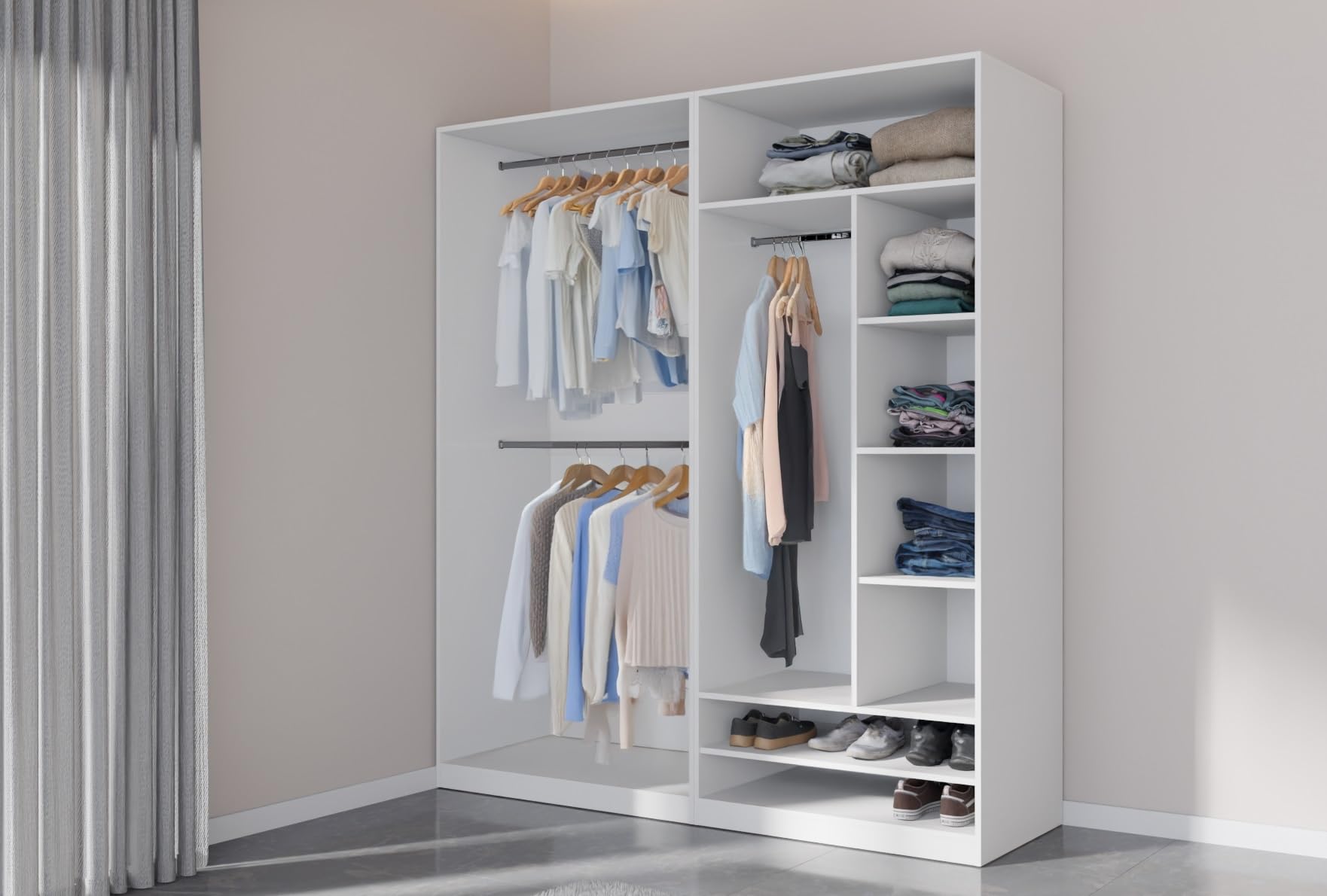 Marmex Kleiderschrank ohne Türen TRES 01B, Garderobenschrank mit Zwei Kleiderstangen, offener Kleiderschrank für Schlafzimmer, Ankleideräume, weiß (100x206x51 cm)