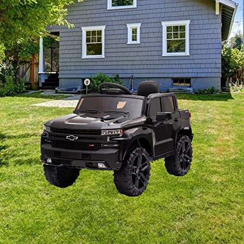 Kids Ride On Car with Remote Control, 12V Powered Wheels, MP3, FM Radio, Spring Suspension, LED Lights,Licensed Chevrolet Silverado GMC Perfect Electric Vehicle for Toddlers Age 3-8, in Black - Thumbnail 2