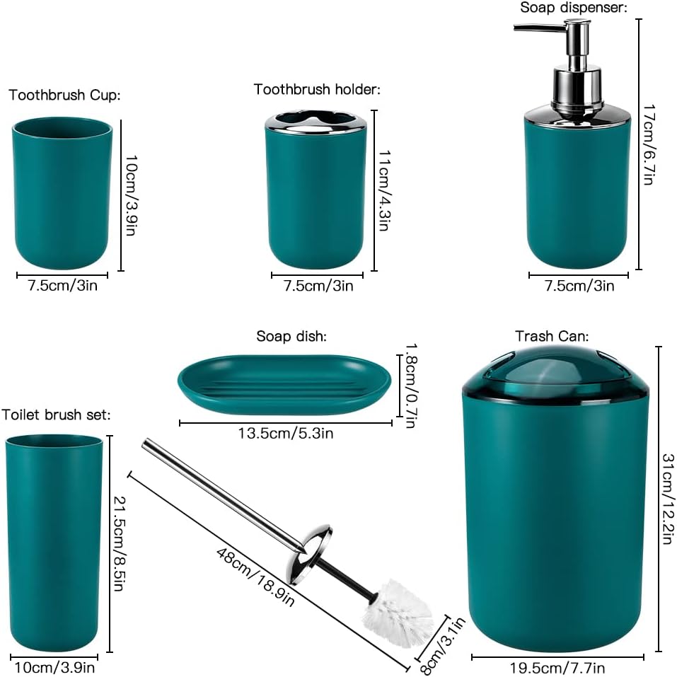 Otostar Bathroom Accessories Set 6 Piece Housewarming Gifts Set Plastic Bathroom Accessory Set Includes Toothbrush Holder Soap Dispenser Tumbler Soap Dish Toilet Brush Holder Trash Can (Dark Green)