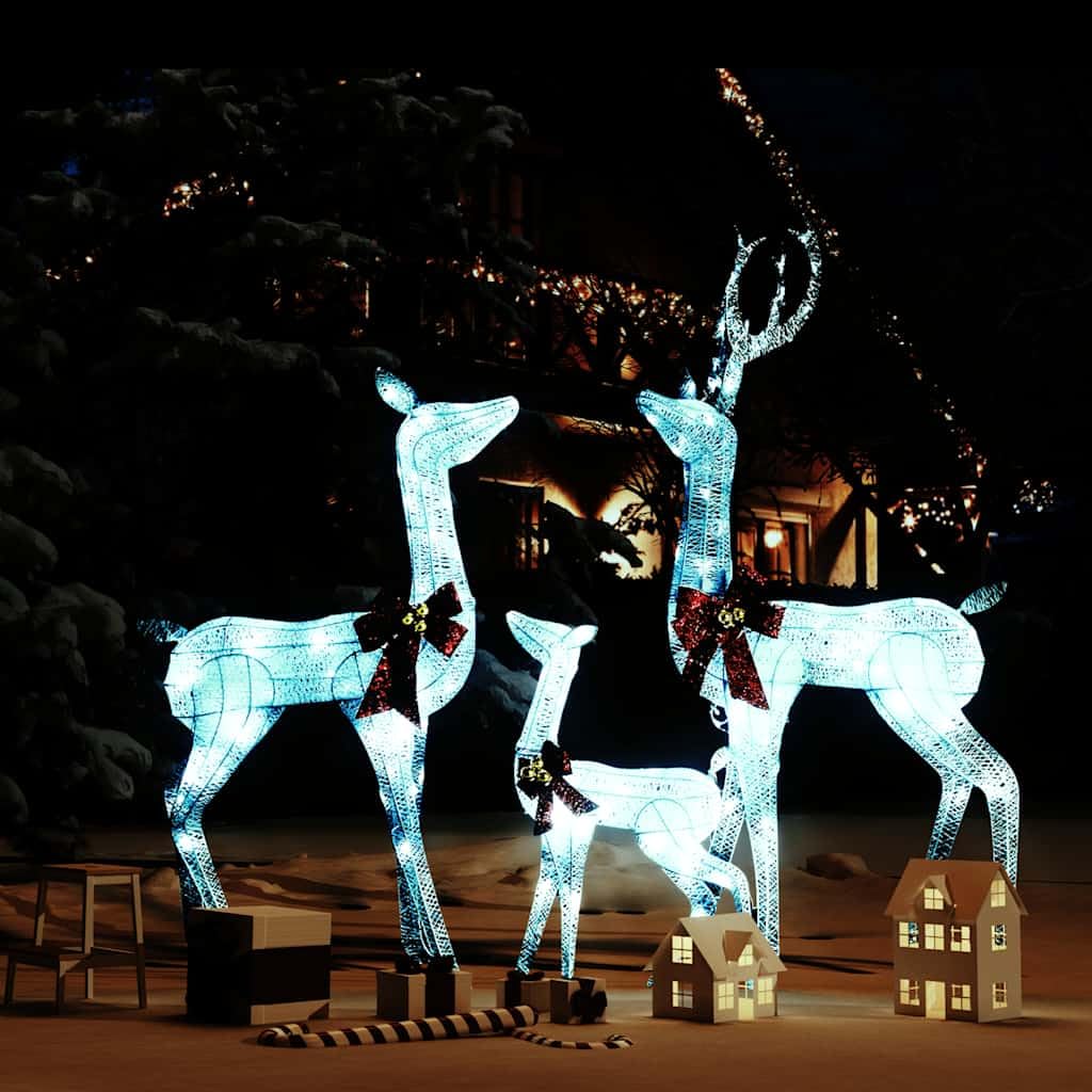 Rentier Familie Weihnachtsdeko 201 LED 3er Set mit 8 Leuchtmodi für Innen und Außen Weiß Silber