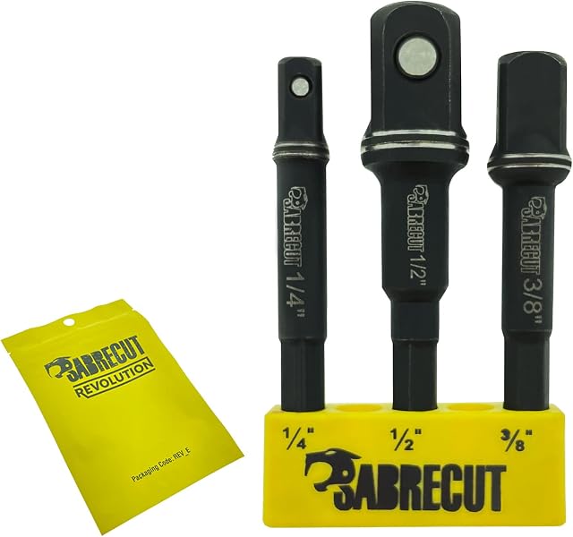 3 x SabreCut SCESAK1 Socket Adapters 1/4" HEX to 1/4" 3/8" 1/2" Square Drive for Impact Drivers, Wrenches and Ratchets
