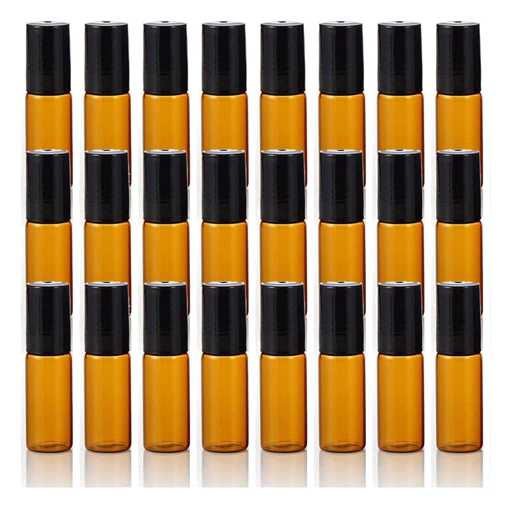 Voarge 24 bottiglie vuote in vetro roll-on da 5 ml, con scooter, marrone ambra, per oli essenziali, lozioni, profumi, marrone