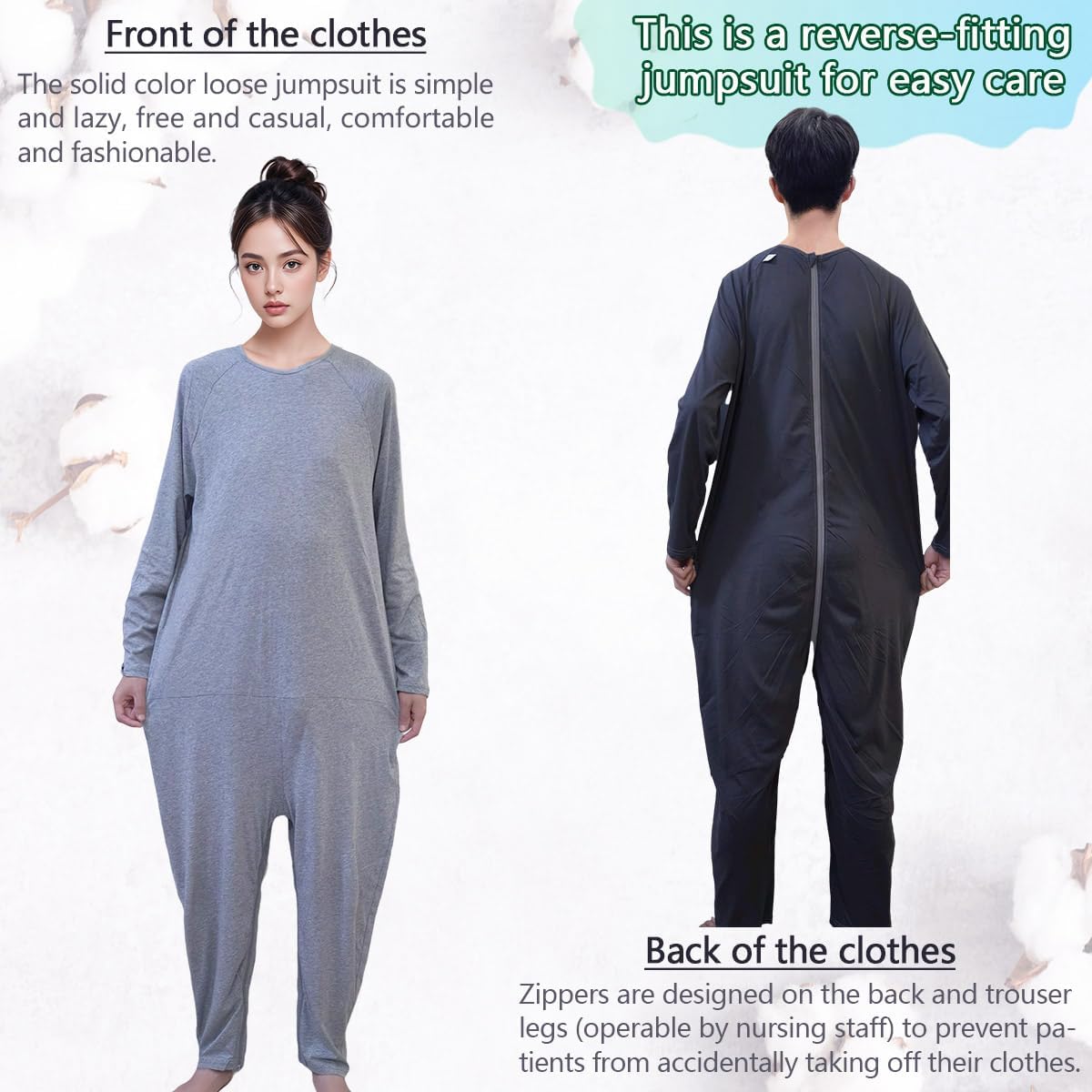 Unisex Anti-Strip and Tear-Resistant Adaptive Jumpsuit with Back and Leg Zipper,One-piece Long-Sleeved Trousers,Suitable for Seniors,Incontinence Care,Dementia,Alzheimer’s Patients(Black XL)