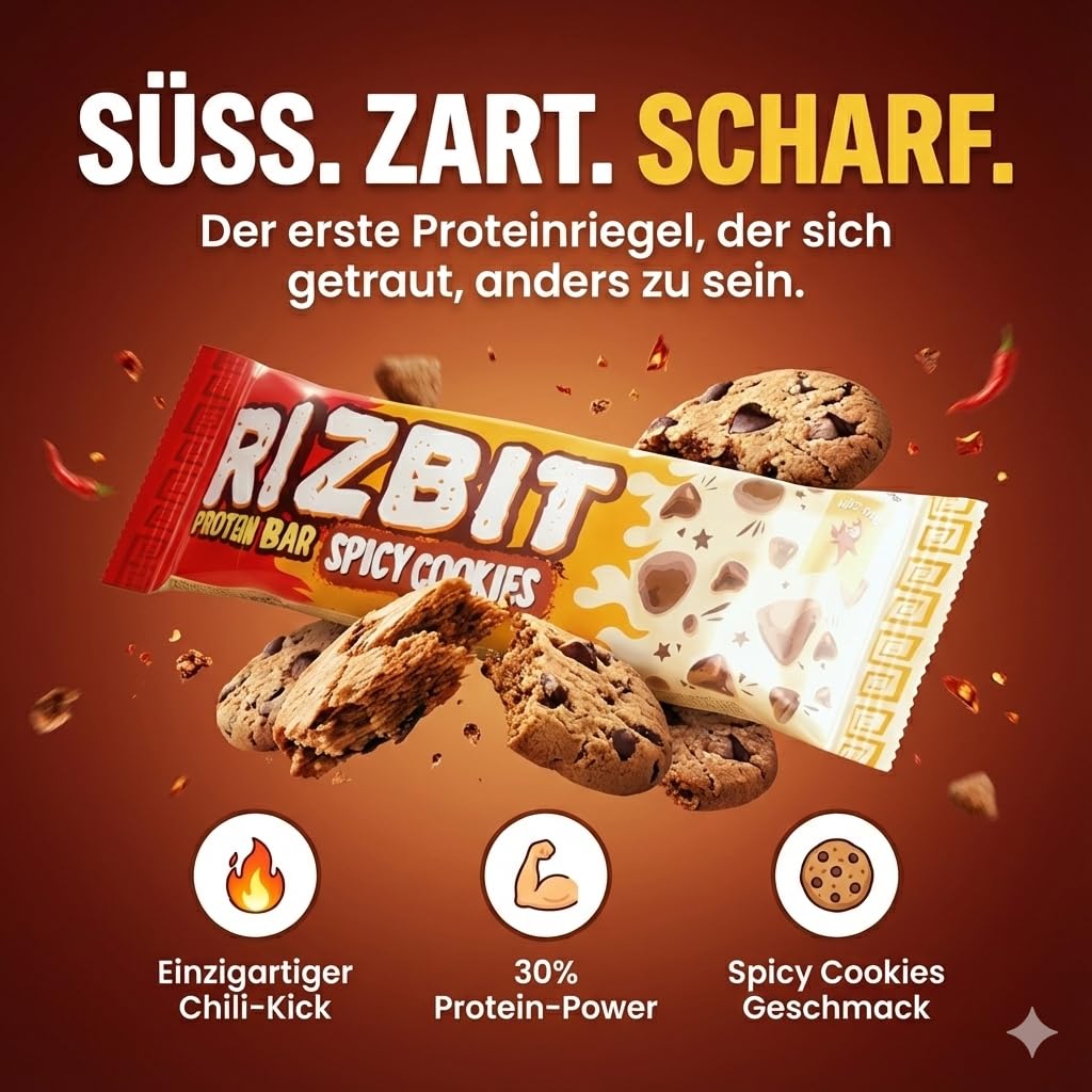 HOT CHIP Rizbit Protein Riegel Spicy Cookies - 30% Protein, Scharfer Keks Geschmack, 45g - Proteinreich, Ballaststoffreich, Energie Snack für Sport & Alltag - Low Carb, Glutenfrei