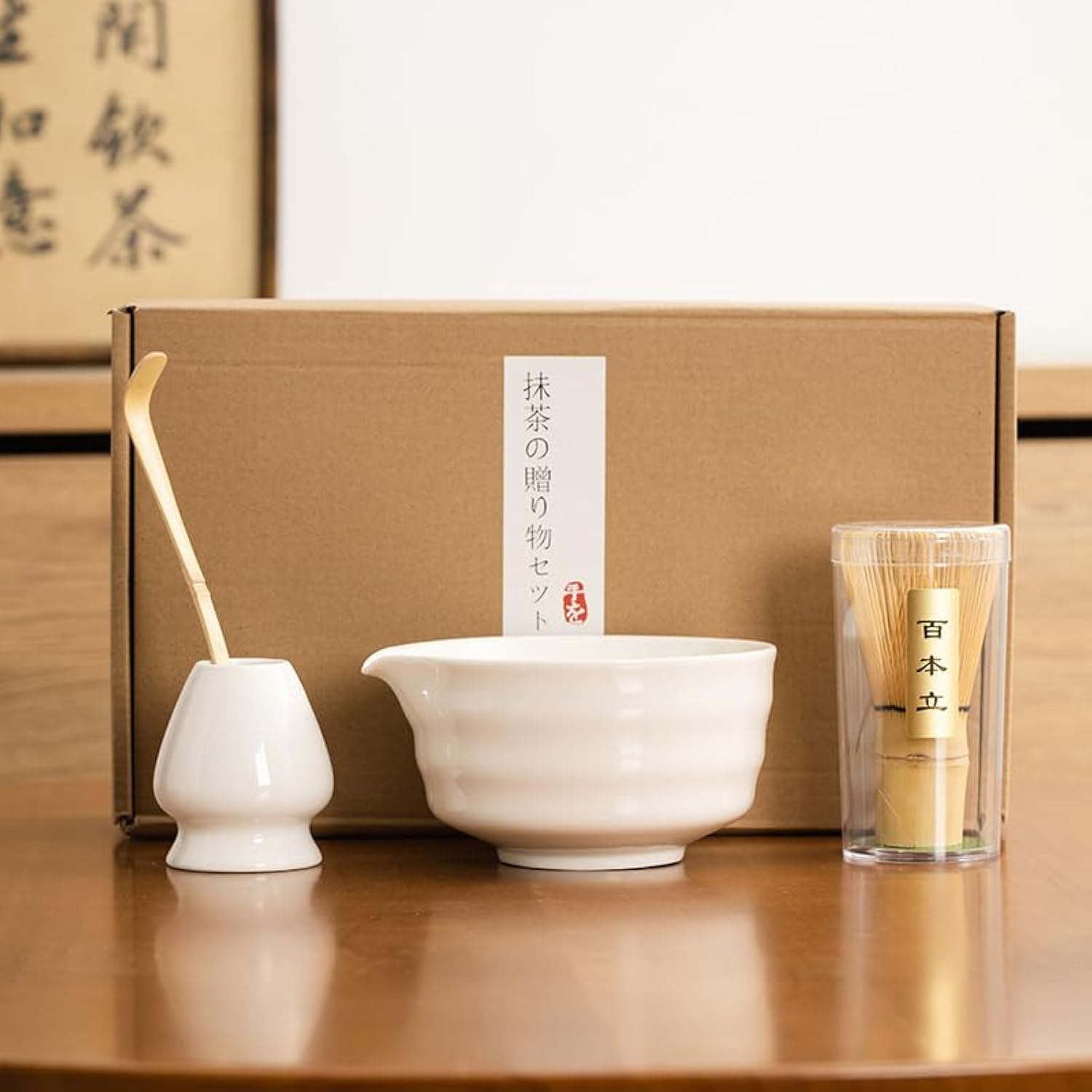 NEKIT Matcha Whisk Set, Unique Matcha Set - White Matcha Bowl Matcha Whisk and White Whisk Stand, Traditional Tea Scoop, The Perfect Ceremony Start Up Set to Prepare an Authentic Cup of Matcha